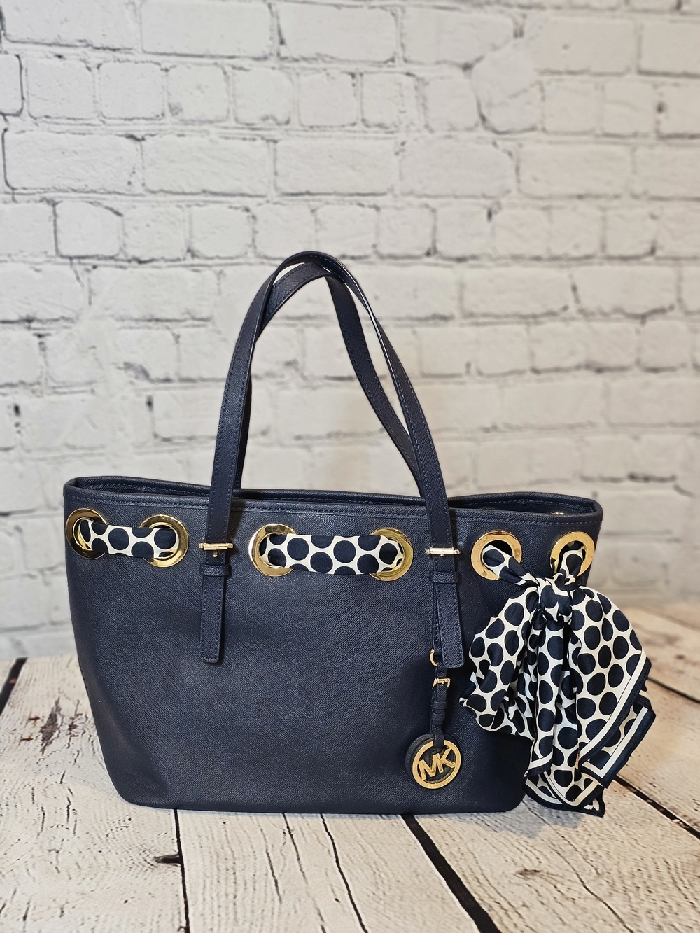 Michael Kors Navy Saffiano Leather Tote with Polka Dot Scarf